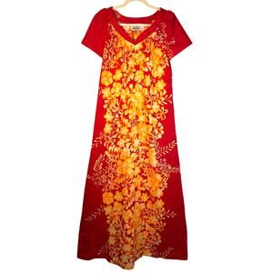 Vintage Hilo Hattie Red Yellow Hawaiian Floral Muumuu Dress Maxi Short Sleeve